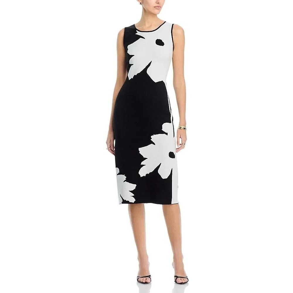 T Tahari Floral Jacquard Knit Sweater Mini Dress Women XS Black White Sleeveless